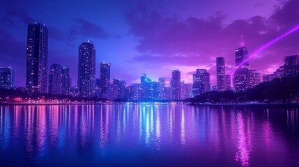 Fototapeta premium Neon Skyline of a Modern City at Night