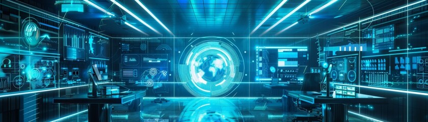 Obraz premium Futuristic control room featuring advanced technology and glowing interface design, perfect for science fiction themes.