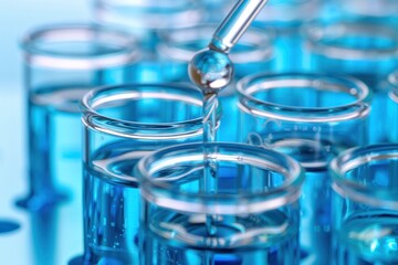 A row of blue test tubes with a liquid being poured into them