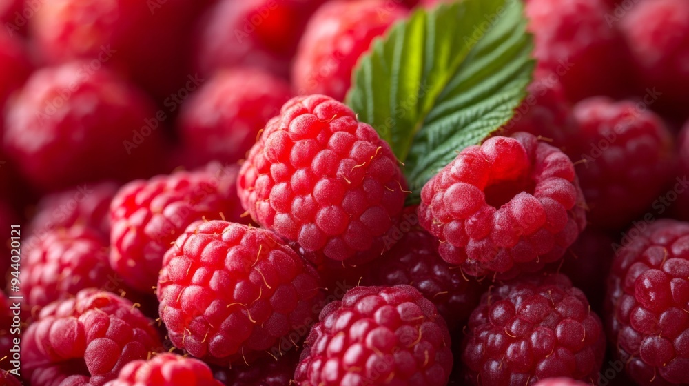 Canvas Prints Fresh Raspberries with Green Leaf