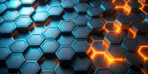 Abstract Geometric Hexagon Pattern: A mesmerizing abstract pattern of glowing hexagons, rendered in 3D with a futuristic and technological aesthetic. The interplay of light 