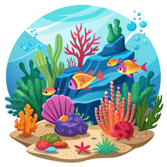 Colorful Underwater Scene with Fish, Coral, and Sea Life
