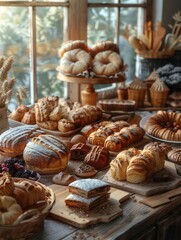 Fototapeta premium Generative AI image of various baked goods on a wooden table, fresh and detailed, soft natural light, eyelevel perspective, inviting and cozy scene