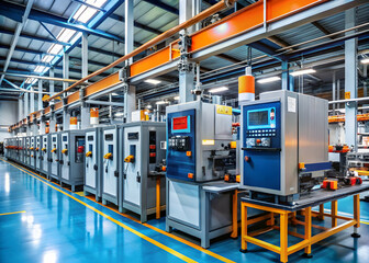 Precision in Motion: A pristine factory floor hums with automated machinery, showcasing modern manufacturing and industrial efficiency.