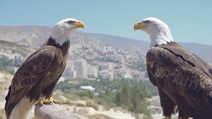Obraz premium Two bald eagles sit on branches in an animal park, surrounded by lush green grass and rocks, showcasing their majestic presence in natural sunlight
