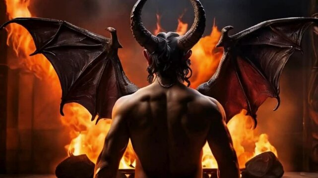 Imaginative devil figure Lucifer standing in front of hell fire