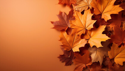 Heap of Dry Leaves on Orange Background with Copy Space, Autumn Season