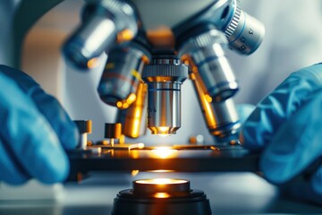 A scientist is looking through a microscope at a small object
