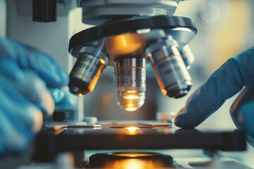 A person is looking through a microscope at a slide