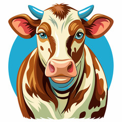 Close-up portrait of a brown and white cow with blue horns and eyes