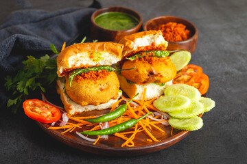 selective focus of Mumbai's famous street food delicious Vada Pav, With coriander leave chutney, tomato sauce, dry garlic chutney and fried chilli. 