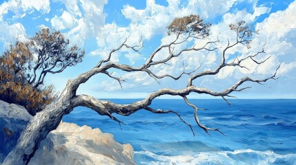 Serene Coastal Tree with Vibrant Sky and Ocean