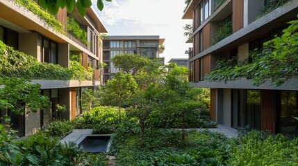 A modern apartment complex stands amidst a verdant oasis, embodying the harmonious coexistence of nature and urban living. Its eco-friendly design prioritizes energy efficiency