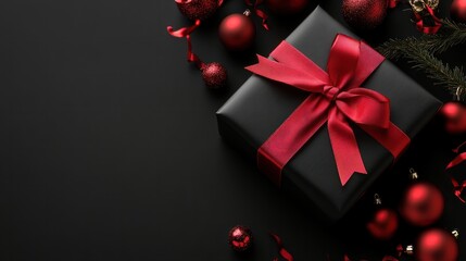 a black gift box with red ribbon on black background with Christmas thematic decorations.