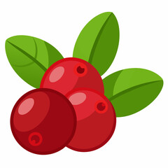 Three Red Cranberries with Green Leaves