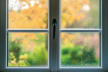Naklejka premium Close-up of raindrops on a windowpane with a blurred view of autumn foliage outside, capturing a cozy, rainy day atmosphere.