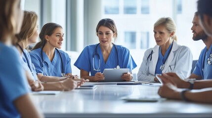 Medical team in discussion around a table in a bright hospital meeting room during morning hours