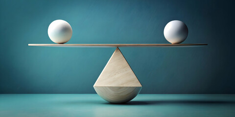 Balancing Act: A conceptual image of two spheres, one black and one white, perfectly balanced on a wooden seesaw, symbolizing equilibrium, harmony, and the delicate interplay of opposing forces. 