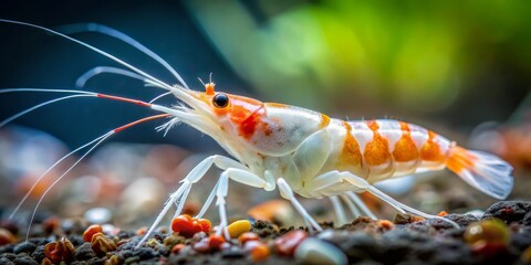 Caridina cf. babaulti - A Macro View of a Striking Red and White Shrimp on a Bed of Colorful Gravel - A Closeup of Nature's