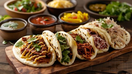 Fototapeta premium Grilled Arepas with Chicken, beef and Ham topping
