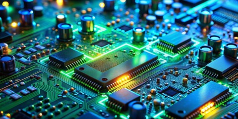 Fototapeta premium Circuitry Glow - Close-up of a circuit board with glowing green traces and blue capacitors, showcasing the intricate pathways of