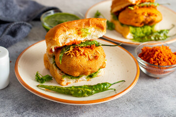 selective focus of Mumbai's famous street food delicious Vada Pav, With coriander leave chutney, tomato sauce, dry garlic chutney and fried chilli. 