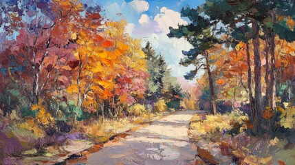Naklejka premium Autumn Forest Path Oil Painting