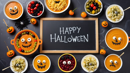 Colorful Halloween themed table spread with soups and decorations
