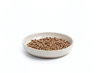 Bowl filled with dry pet food on white background ready for feeding time