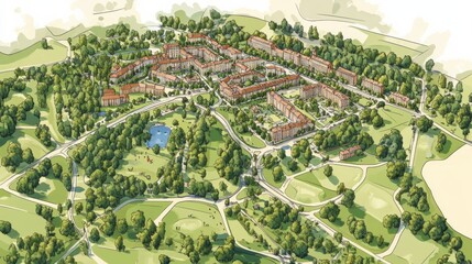 Fototapeta premium Aerial view of urban residential complex amidst greenery