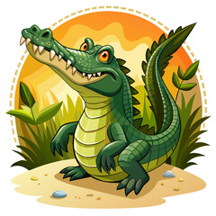 Cartoon Crocodile with Sharp Teeth in a Tropical Setting