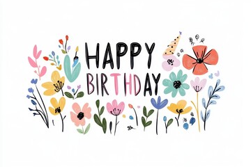 flat color illustration of the text "HAPPY BIRTHDAY" surrounded by flowers, on a white background, with solid colors, in a cute, simple doodle style, with simple details and bold lines Generative AI