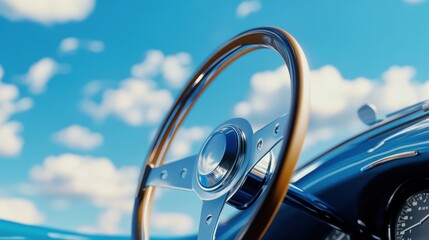 Obraz premium Steering wheel in sharp focus against a bright blue sky with light, wispy clouds in the background.