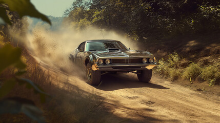 Old rally car on the road, splashing the dirt in racing scene in the forest