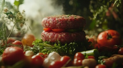 cultivated meat advocacy, a banner promoting cultured meat and vegetables as a sustainable food choice, with bioengineered meat patty on display, promoting adoption of such products