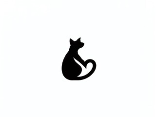 Silhouette of a cat sitting gracefully with a curled tail against a simple white background