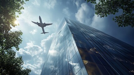 An airplane soars through the sky above a sleek, eco-friendly glass skyscraper. This modern architectural marvel showcases the integration of sustainability and business