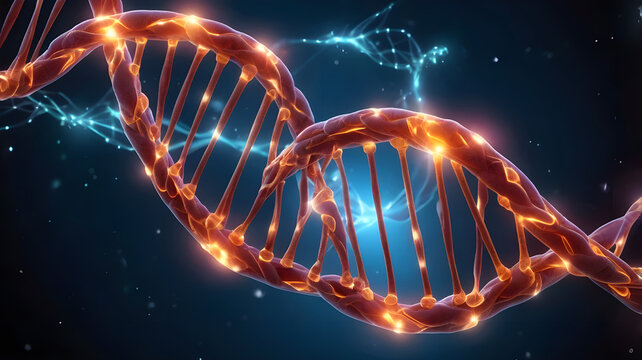 A futuristic representation of a DNA molecule, with glowing neon strands intertwining in a digital space, symbolizing genetic research and biotechnology	
