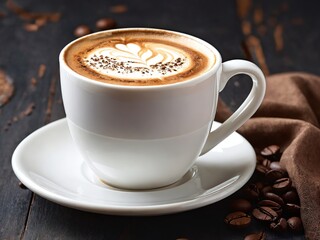 Fototapeta premium A beautifully crafted cup of latte art resting on a saucer surrounded by coffee beans and a brown napkin on a rustic wooden table