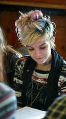 Obraz premium Creative Writing Workshop: Engaging Tutor with Piercings and Dyed Hair Inspiring Teenagers to Write Expressively