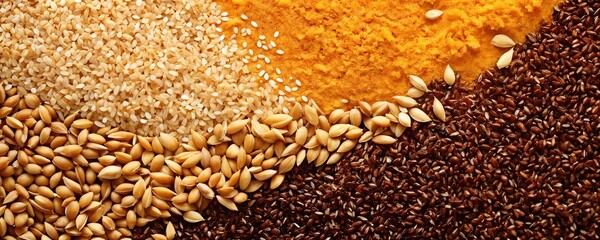 Obraz premium A colorful display of various seeds and spices arranged meticulously on a textured surface in a natural light setting