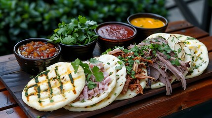 Grilled Arepas with Chicken, beef and Ham topping