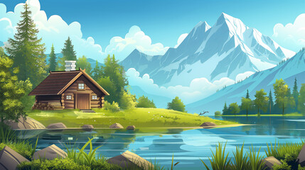 Obraz premium The Wooden hut with mountain landscape across lake, game background, Illustration
