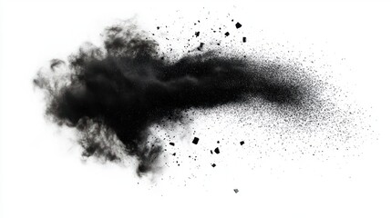 black chalk pieces and powder flying explosion effect isolated on white