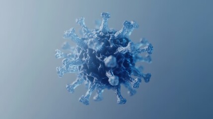 Detailed 3D render of a floating blue virus, resembling microscopic organisms, against a soft gradient background.