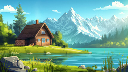 Fototapeta premium The Wooden hut with mountain landscape across lake, game background, Illustration