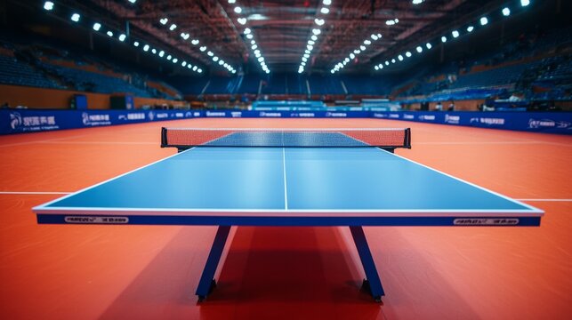 Blue table tennis or pingpong table is settle on red, orange floor of indoor court stadium for competitions tournament.