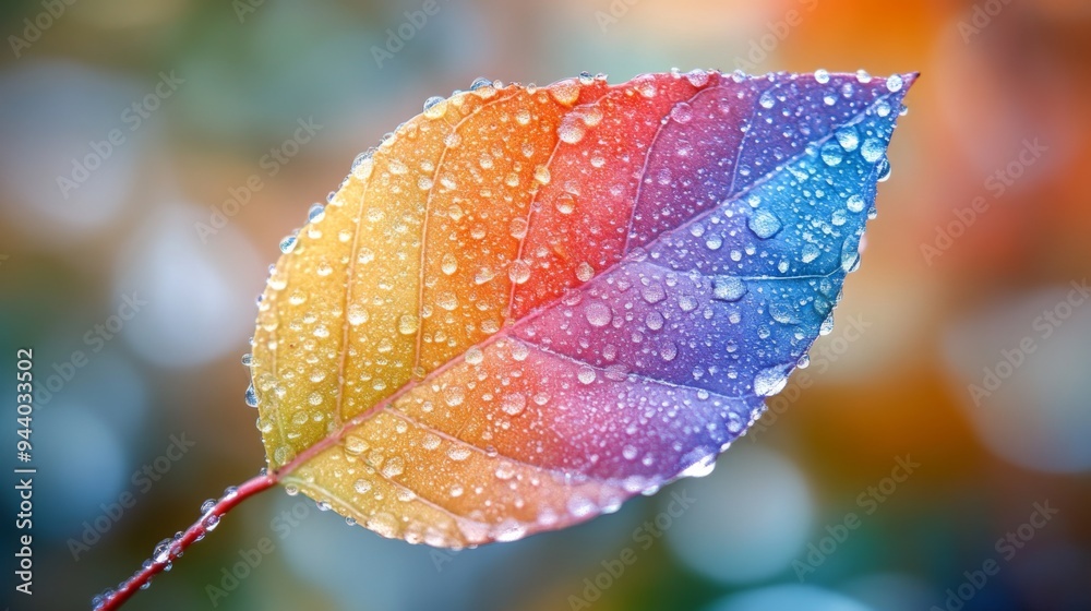 Wall mural vibrant rainbow leaf with dew drops