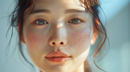 Close-up of a Japanese model’s radiant skin, illuminated by natural sunlight, smooth and flawless texture, serene and calm expression, hd quality, natural look, minimalistic background,