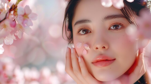 Close-up of a Japanese model applying serum with cherry blossoms in the background, traditional attire, soft sunlight, hd quality, natural look, serene expression, pink floral backdrop,